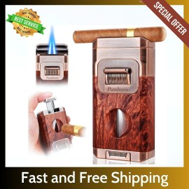 Pumboom All-in-One Torch Cigar Lighter with Built-in Cigar Cutter V Cut, Cigar Holder...