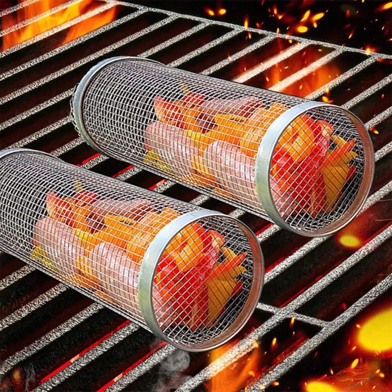 Ockyunoo Stainless Steel Round Silver Rolling Grill Basket for Fish