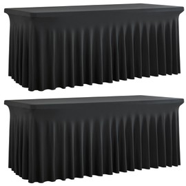 Htper 2 Pack Black Spandex Tablecloth for 5 Foot Rectangle Tables, Wrinkle Free Fitted Table Clothes Cover 5ft Stretchy Tablecloths with Skirt for Parties Weddings Birthday Banquet Baby Shower