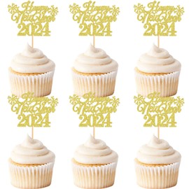Keaziu - 24 piezas de decoración para cupcakes de feliz año nuevo, bienvenida, 2024 selecciones de Hello 2024 fuegos artificiales para felicitaciones 2024, feliz año nuevo, día festivo, decoración de fiesta, feliz oro