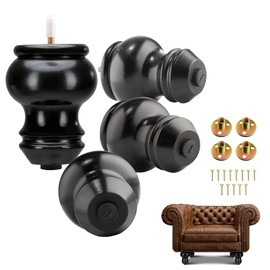 Yes4All 4.5 Inches Turned Round Wood Furniture Legs Set of 4 - Wooden Replacement Feet for Ottoman, Bench - Adjustable Sofa, Couch Leg with Leveler - Black Rubber Wood Parts for Table - Concave Style