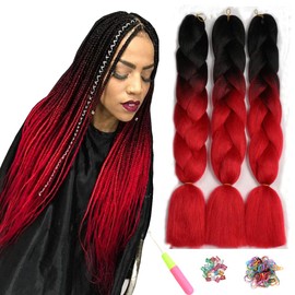 ShowJarlly Ombre Jumbo Braids, Hair Braiding, Hair Kanekalon, Synthetic Hair Extensions, 60 cm, 300 g / 3 Pieces black/red