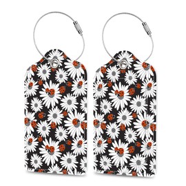 Chamomile and Ladybugs Luggage Tags 2PCS PU Leather Suitcases Tag with Stainless Steel Loop and Privacy Name Address Cover Label Card for Women Men Travel