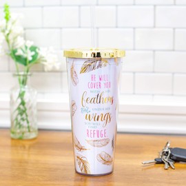 Mary Square Under His Wings Feathers Gold Tone 24 ounce Double-Walled Straw Travel Tumbler