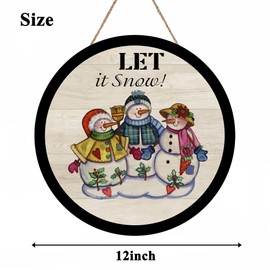 Round Wooden Hanging Front Door Decor Sign Christmas Wreath Sign Let It Snow Snowman Family Winter Wood Door Hanging Wall Decoration Garden Office Kitchen Home 12x12inch