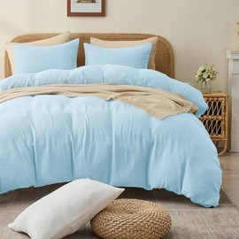 Gezu Muslin Bed Linen 155 x 220 cm Light Blue 100% Cotton Muslin Bed Linen Set Duvet Cover with 2 Pillowcases 80 x 80 cm Very Breathable Comfortable Bed Linen Double Bed with Zip