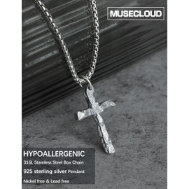 MUSECLOUD 925 Sterling Silver Cross Necklace for Men Non Tarnish 316L Stainless Steel Chain Necklace Lightweight Oxidized Strength Cross Pendant Box Chain Christian Presents for Boyfriend 20 In