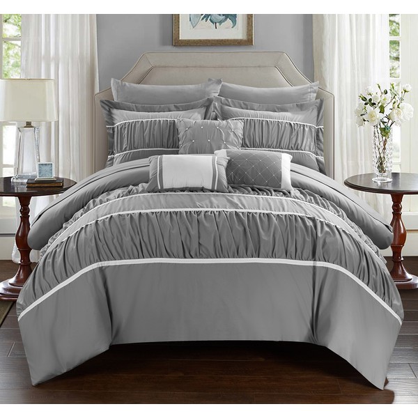 Chic Home Cheryl 10 Piece Comforter Complete Bag Pleated Ruched Ruffled Bedding with Sheet Set, Queen, Grey