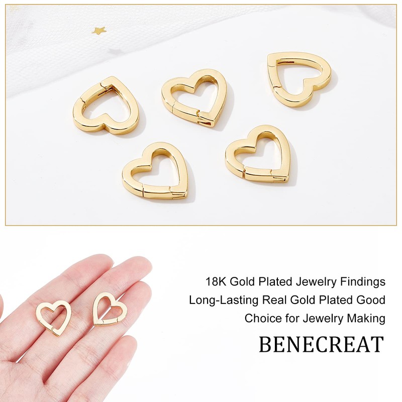 BENECREAT 10 Pieces Brass Spring Rings 18K Gold-Plated Heart Carabiner