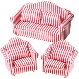 moin Moin 2306mini15 Miniature 1/12 Scale Furniture Sofa Set of 3 B Goods Translation Ant/Dollhouse 2 Seat, Single Seat, Single Cushion, White, Red, Stripe, Fabric, Doll, Miscellaneous Goods