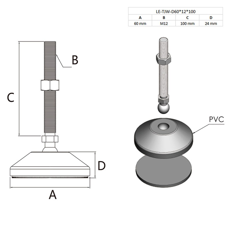 Articulated Foot Stand M12 x 100 mm Plate 60 mm