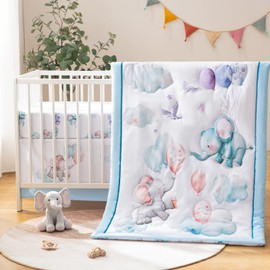Crib Bedding Set, 4-Piece for Boys Girls, Infant Toddler Nursery Baby Bedding Sets Includes Cartoon Quilt, Fitted Crib Sheet, Crib Skirt and Plush Elephant Toy