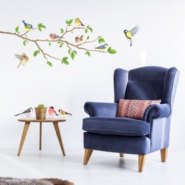 DECOWALL DA-1804 Garden Birds on Branch Wall Sticker Wall Sticker Wall Decoration for Living Room Bedroom Children's Room