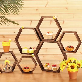 Gerrii 10 Pcs Honey Comb Decorations 5 Sizes Wood Hexagon Shelves Honeycomb Centerpiece Cupcake Stand Wooden Bee Hive Display Holder for Baby Shower Honeybee DIY Birthday Party Decor (Dark Brown)