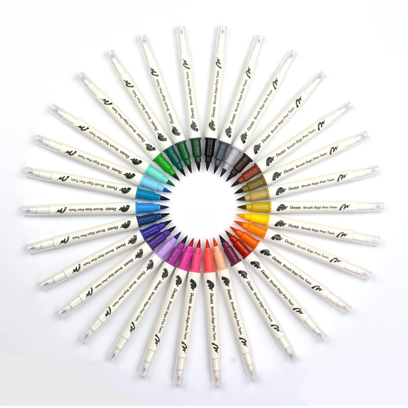 Pentel SESW30C-24 Brush Sign Pen Twin, 24-Colour Set, Fibre Tip