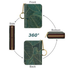 Nipichsha Credit Card Holder, Small RFID Card Wallet for Women, Slim Leather Card Holder Wallet, Credit Card Wallet Organizer, Pocket Business Card Case with Zipper & Keychain, Tropical Leaf, Fashions