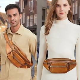 Genuine Leather Fanny Packs for Women and Men Waist Bag Vintage Hip Bum Bag Over Shoulder Crossbody Sling Bag (Brown)