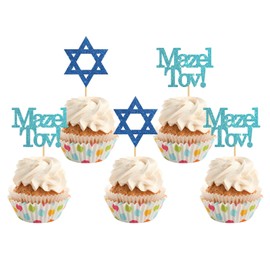 INNORU Mazel Tov Cupcake Toppers, Congratulations Party Decorations, Engagement, Baby Shower, Bar Mitzvah, Birthday, Wedding, Jewish Party Decorations Supplies, Pack of 24 Blue Glitter