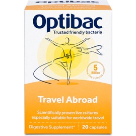 Optibac Travel Abroad Probiotics -Vegan Digestive Probiotic Supplement Formulated for Travel Support & Gut Health, 5 Billion Live Cultures - 20 Capsules