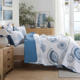 HORIMOTE HOME Boho Style King Quilt Set Blue Bohemian Floral Quilt Beddding Set, Soft and Lightweight Bedspread for All Season, Oversize King Bed Coverlet with 2 Matching Pillow Shams (3 Pieces)