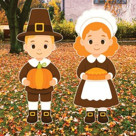 Thanksgiving Pilgrim Yard Signs with Metal Stakes, Harvest Boy and Girl Lawn Decorations, Fall Outdoor Garden Patio Walkway Autumn Décor