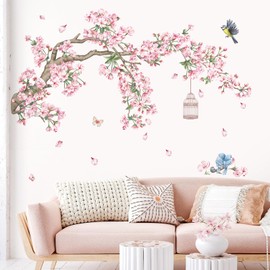 decalmile Cherry Blossom Tree Branch Wall Decals Pink Flower Birds Wall Stickers Bedroom Living Room Sofa TV Background Wall Decor