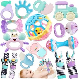 15 Piezas Juguetes para Bebé, Sonajas para Bebe, Mordedera para Bebe, Sonajero Calcetines y Muñequeras, Estimulacion Temprana para Bebés de 0-12...   