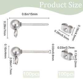 SOFPLATE 1 Box 100Pcs Ball Stud Earring Finding Hypoallergenic Earring Posts Silver Stainless Steel Ear Studs with Butterfly Ear Back and Loop Round Earring Posts for jewellery Making Supplies DIY Cra
