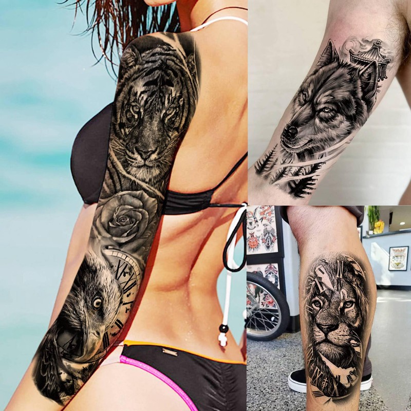 20 Sheets Extra Large Tiger Full Arm Temporary Tattoos For