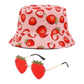 SLAXJNE 1 x strawberry bucket hat and 1 x strawberry glasses, sun protection hat for women, UV protective hat, creative sunglasses, party sunglasses, fashion accessories, red