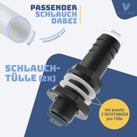 Villkin Water butt connector with 3/4 inch (19 mm) thread, ideal for 22 mm drill hole including 25 cm hose with 20 mm diameter
