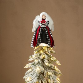 eUty 12" Christmas Angel Tree Topper, Angel Tree Topper with White Wings, Black and White Plaid Angel Tree Top for Christmas Tree Decorations and Home Decorations