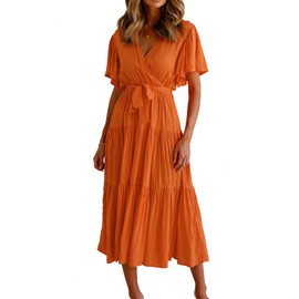 R.Vivimos Summer Dress for Women Cotton Ruffle Short Sleeves V Neck Casual Flowy Midi Dress with Belt (Large, Tangerine-Shortsleeve)