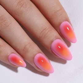 Almond Press on Nails Square Pink Fake Nails Glue on Nails with Pink and Purple Aurora Multicolor Full Cover Designs Artificial French Acrylic Art Nail for Women and Girls Manicure 24 Pcs