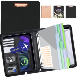 KLLVE Clipboard with Storage for Men Women, Leather Padfolio Portfolio with Zipper, 1 Inch 3 Ring Binder 5 Dividers, Notepad for Letter Size, Elastic Closure and Pen Loop, Card Slot Black