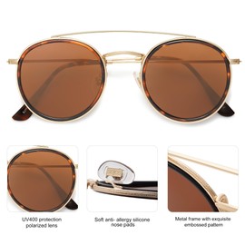SOJOS Retro Round Double Bridge Polarized Sunglasses for Women Men Vintage Circle UV400 Sunnies SJ1104, Tortoise/Brown