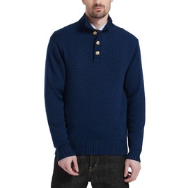 Kallspin Men's Pullover Sweater Wool Midweight Mock Neck Quarter-Button Long Sleeve Pullover(Navy Blue Medium)