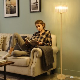 HMVPL Gold Floor Lamp for Living Room, Modern Floor Lamp with K9 Crystal Shade, Brass Standing Lamp with On/Off Switch,Mid Century Tall Lamp Crystal Pole Lamp for Bedroom Corner Office Nursery Reading