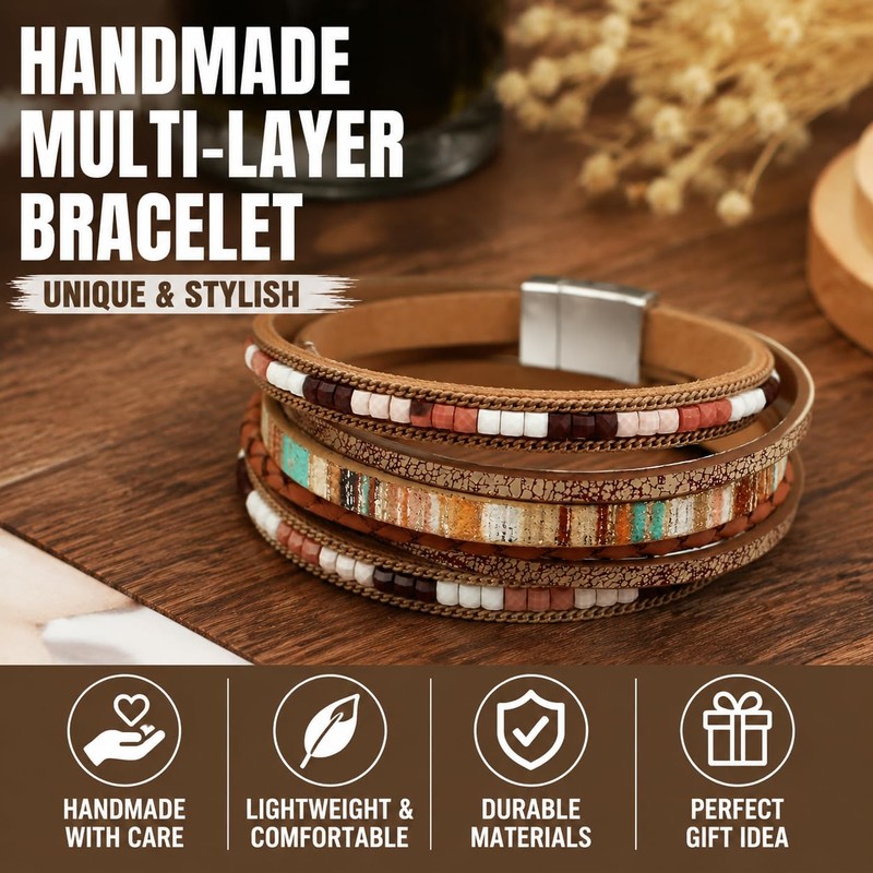JAVMOO Leather Wrap Bracelets for Women Boho Multi-Layer Cuff Bangle