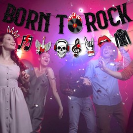 Rock and Roll Party Decoration,Born to Rock Glitter Banner Garland Music Theme Skull Music Note Guitar Ceiling Hanging Swirl Streamers Photo Booth Props for 50s Rock Music Party Decoration Supplies