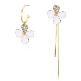EleQueen Mismatched Earrings Asymmetric Flower Earrings Gold Plated Rhinestone Crystal Enamel Flower Stud Earrings 2 Chain Dangle Earrings for Women