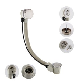 ENKI, W55, Brushed Nickel Bath Waste with Overflow and Nickel Pop Up Waste, Suitable for Thick Baths 5-25mm, Brushed Steel