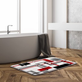 DSMEUE Red Black Geometric Bath Mat White Gray Modern Geometry Square Striped Bathroom Kitchen Rugs,17.8"x29.5"