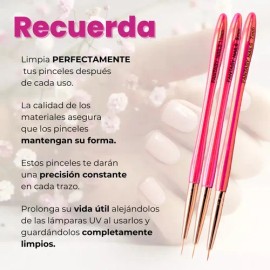 Set Pinceles Nail Art Fantasy Nails Liner Gel Uñas 3 Piezas Rosa                                                                                      