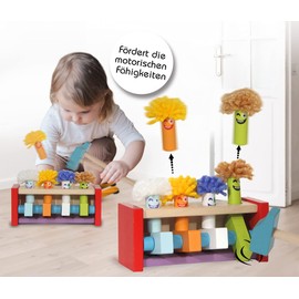 JAMARA Kidiwood 460701 Wooden Toy Knock Bench Flying Clowns 6 Pieces - from 2 Years, Solid Wood Maple and Beech, Water Based, Promotes Hand-Eye Coordination and Learning of Colours, Multicoloured