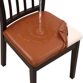 YISUN Chair Seat Covers Set of 4, Pu Leather Waterproof Dining Room Chair Covers, Stretch Chair Cover for Dining Room Chair Protector Slipcover for Kitchen, Hotel (Light Brown, 4 Sets)