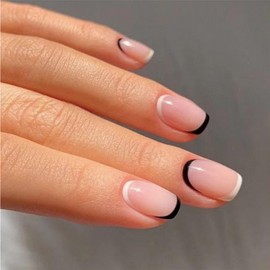 Press on Nails Square Black and White French Tip Extra Short False Nails Square Fake Nails Nude Full Cover Faux Nails Press ons for Women 24 Pcs