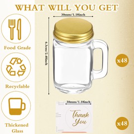 Bokon 48 Pcs Mini Mason Jars Mini Pots 1.3 oz Shot Glasses with Handles Gold Lids Wedding Favors Gift for Guests Bulk Jars with Lids Wedding Favor Containers with 48 Thank You Labels for Weddings