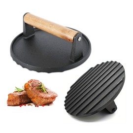 YUNYDSM Iron Burger Press, 6.8'' Round Heavy-Duty Cast Iron Smash Bacon Press, with Non-Slip Wooden Handle, Grill Weight for Griddle, Sandwich, Nonstick Pan