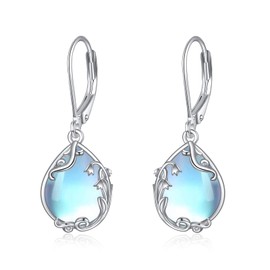 POPLYKE Moonstone Birth Flower Filigree Teardrop Drop Earrings Sterling Silver Birth Month Flower Leverback Earrings Jewellery, Sterling Silver, Moonstone